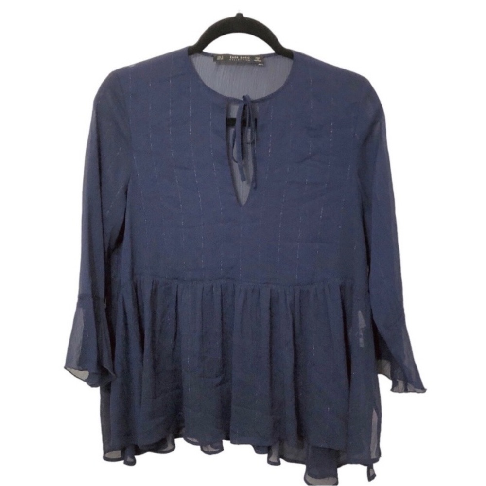 Zara Sheer Navy Gold Vertical
Lines 3/4 Bell Sleeve Peplum Top